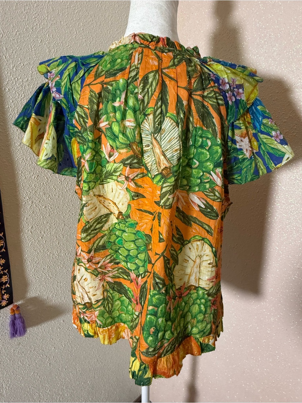 FARM Rio Green and Orange Tropical Print Puff-Sleeve Blouse - Picture 12 of 16